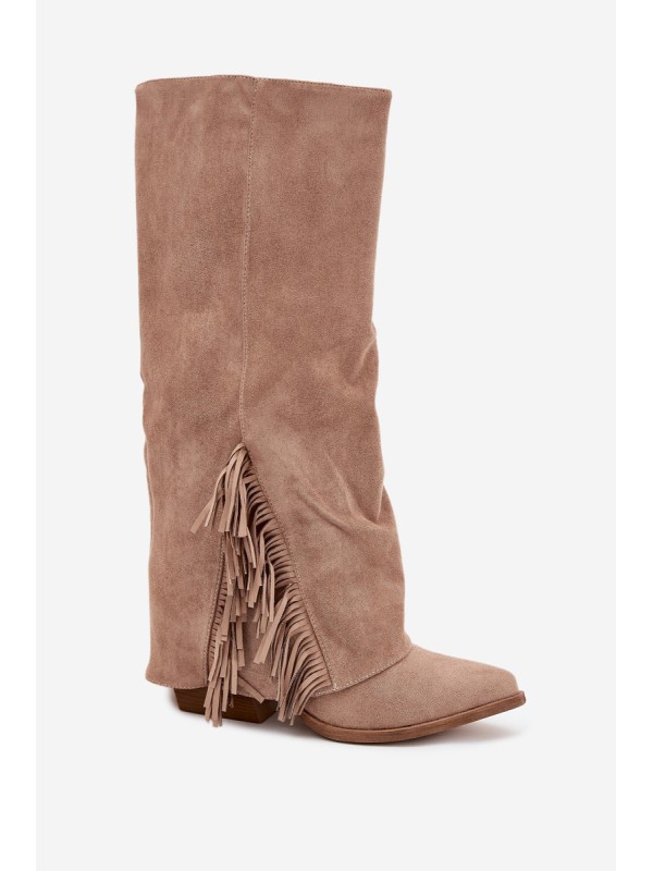 Ladies Slip-On Cowboy Boots With Heel And Fringes Beige Zalia