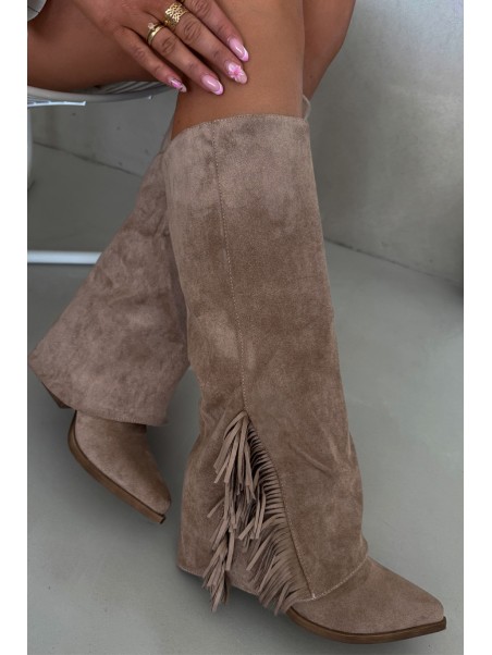 Ladies Slip-On Cowboy Boots With Heel And Fringes Beige Zalia