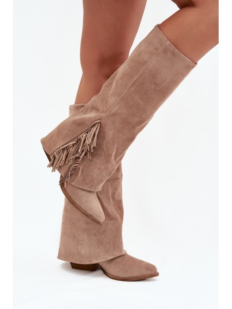 Ladies Slip-On Cowboy Boots With Heel And Fringes Beige Zalia