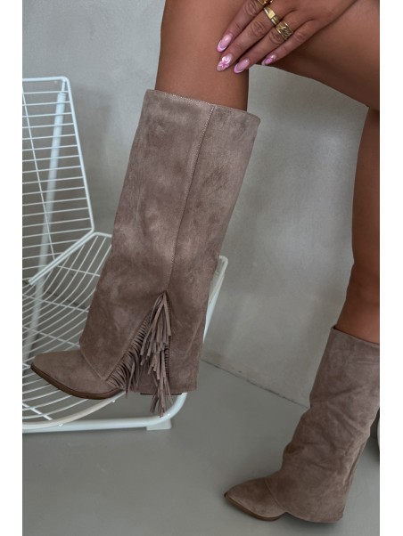 Ladies Slip-On Cowboy Boots With Heel And Fringes Beige Zalia