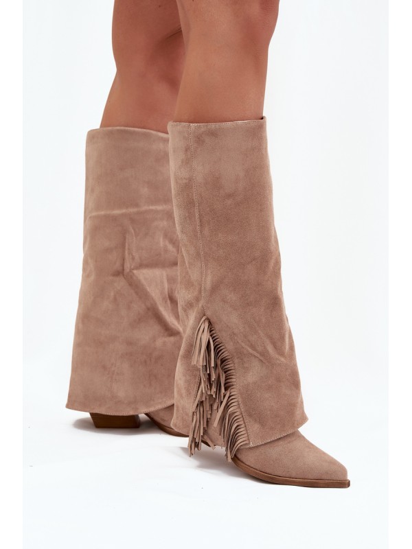 Ladies Slip-On Cowboy Boots With Heel And Fringes Beige Zalia