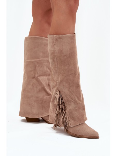 Ladies Slip-On Cowboy Boots With Heel And Fringes Beige Zalia