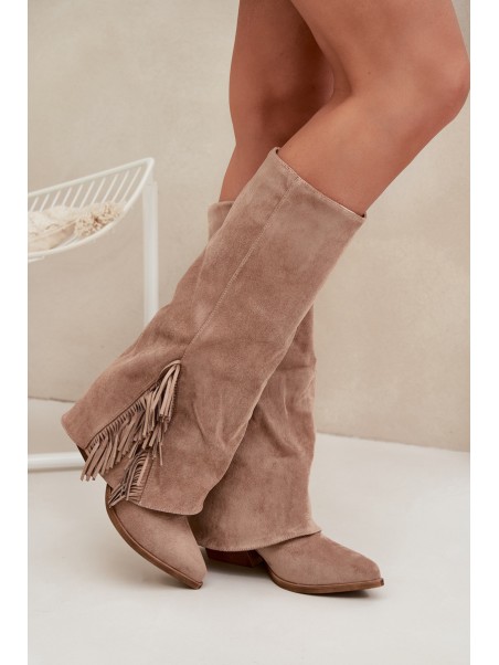 Ladies Slip-On Cowboy Boots With Heel And Fringes Beige Zalia