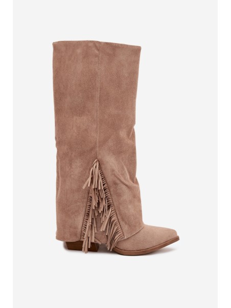 Ladies Slip-On Cowboy Boots With Heel And Fringes Beige Zalia