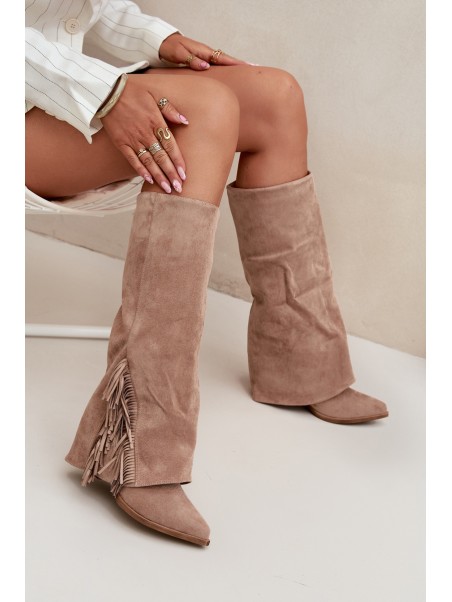 Ladies Slip-On Cowboy Boots With Heel And Fringes Beige Zalia