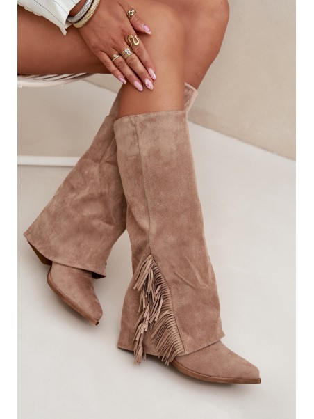 Ladies Slip-On Cowboy Boots With Heel And Fringes Beige Zalia