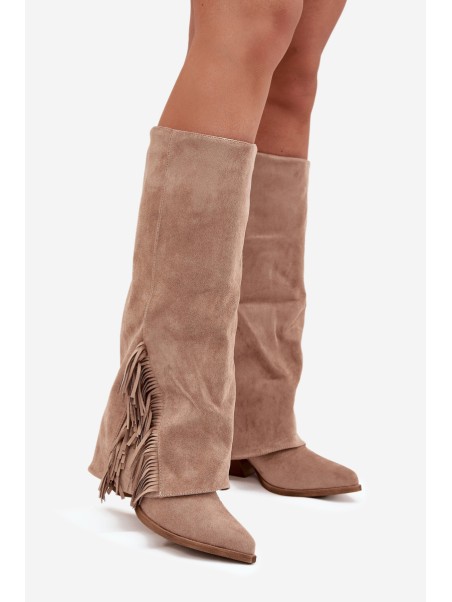 Ladies Slip-On Cowboy Boots With Heel And Fringes Beige Zalia