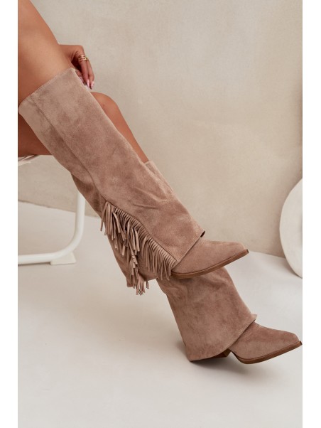 Ladies Slip-On Cowboy Boots With Heel And Fringes Beige Zalia
