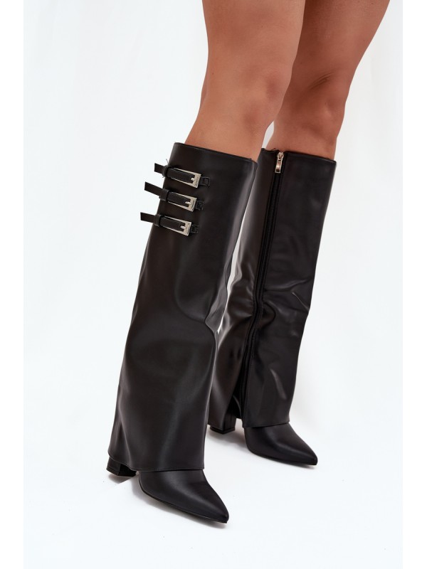 Women's Ankle Boots On Heels Turned Shaft Straps With Buckles Black Nirisa