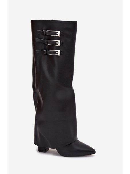 Women's Ankle Boots On Heels Turned Shaft Straps With Buckles Black Nirisa
