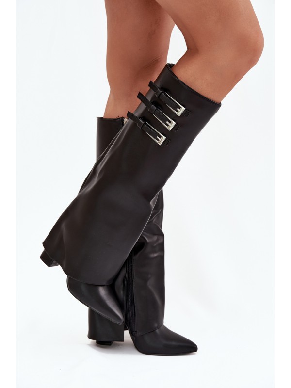 Women's Ankle Boots On Heels Turned Shaft Straps With Buckles Black Nirisa