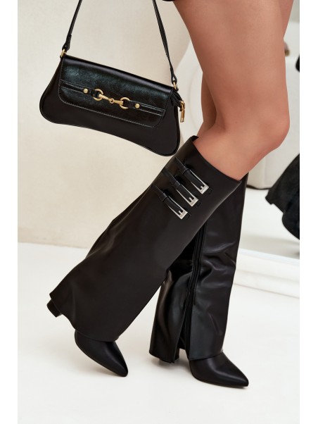 Women's Ankle Boots On Heels Turned Shaft Straps With Buckles Black Nirisa