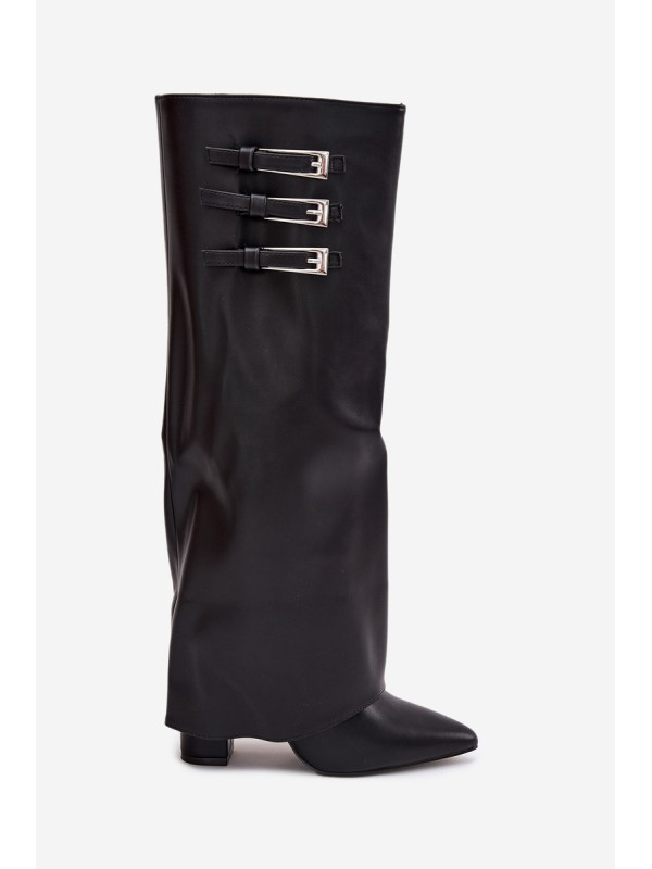 Women's Ankle Boots On Heels Turned Shaft Straps With Buckles Black Nirisa