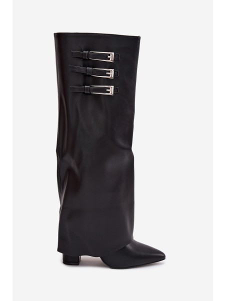Women's Ankle Boots On Heels Turned Shaft Straps With Buckles Black Nirisa