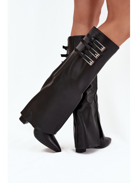 Women's Ankle Boots On Heels Turned Shaft Straps With Buckles Black Nirisa