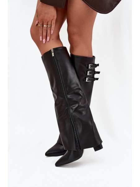 Women's Ankle Boots On Heels Turned Shaft Straps With Buckles Black Nirisa