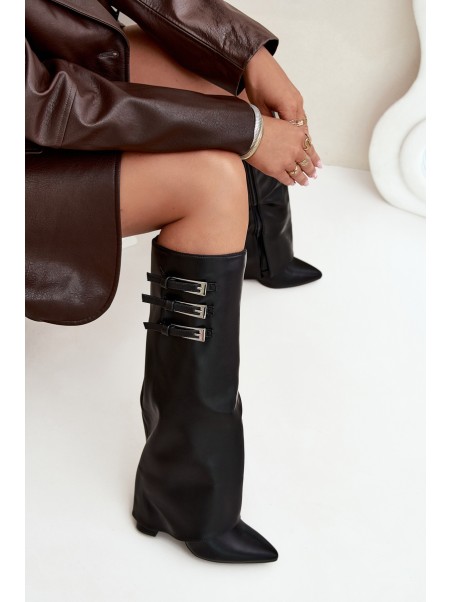 Women's Ankle Boots On Heels Turned Shaft Straps With Buckles Black Nirisa