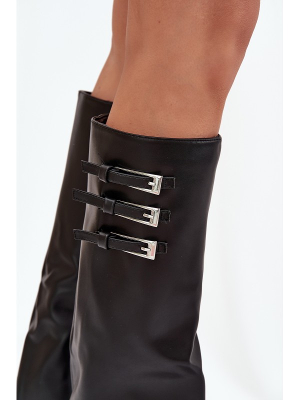 Women's Ankle Boots On Heels Turned Shaft Straps With Buckles Black Nirisa