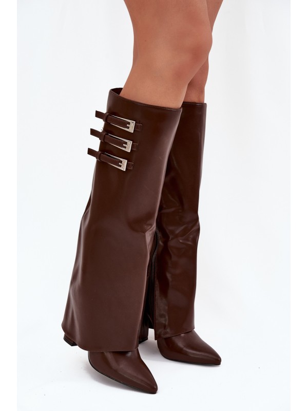 Women's Heeled Boots Turned Shaft Straps With Buckles Chocolate Nirisa