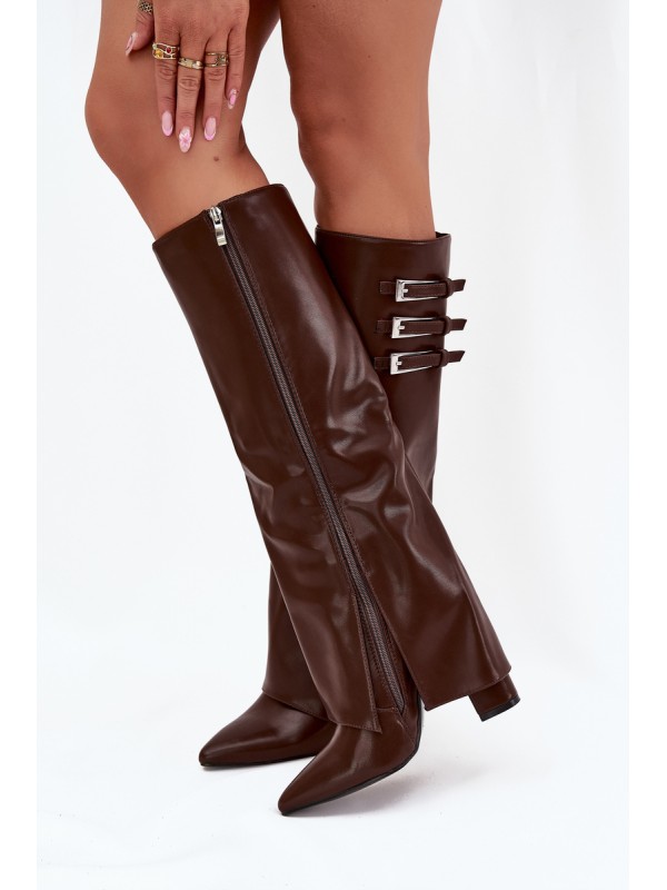 Women's Heeled Boots Turned Shaft Straps With Buckles Chocolate Nirisa 2