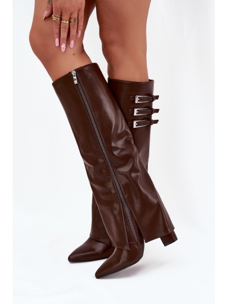 Women's Heeled Boots Turned Shaft Straps With Buckles Chocolate Nirisa