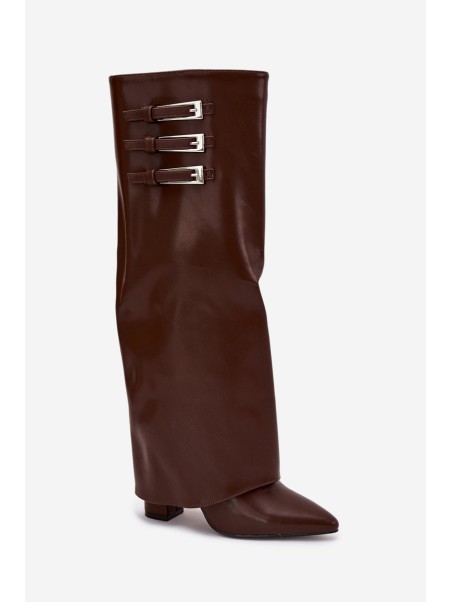 Women's Heeled Boots Turned Shaft Straps With Buckles Chocolate Nirisa