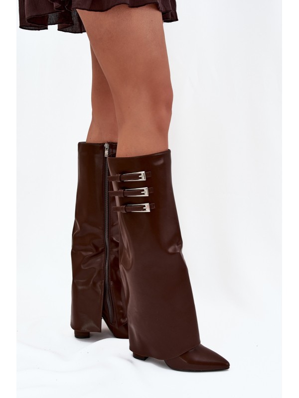 Women's Heeled Boots Turned Shaft Straps With Buckles Chocolate Nirisa