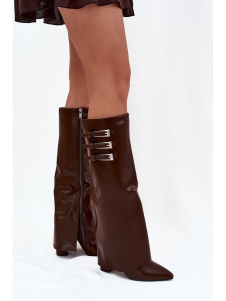 Women's Heeled Boots Turned Shaft Straps With Buckles Chocolate Nirisa