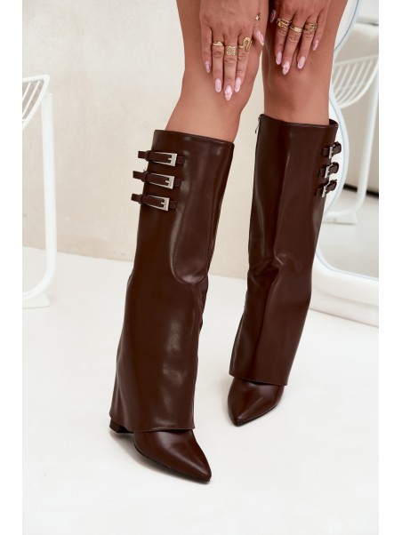 Women's Heeled Boots Turned Shaft Straps With Buckles Chocolate Nirisa