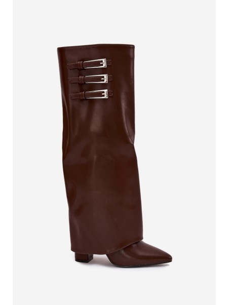Women's Heeled Boots Turned Shaft Straps With Buckles Chocolate Nirisa