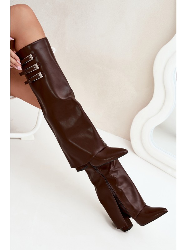 Women's Heeled Boots Turned Shaft Straps With Buckles Chocolate Nirisa