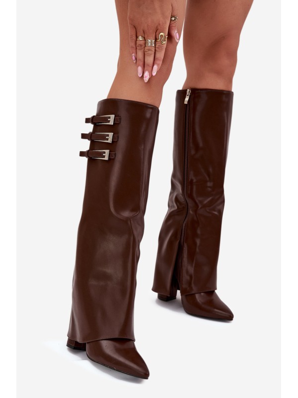 Women's Heeled Boots Turned Shaft Straps With Buckles Chocolate Nirisa