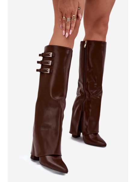 Women's Heeled Boots Turned Shaft Straps With Buckles Chocolate Nirisa