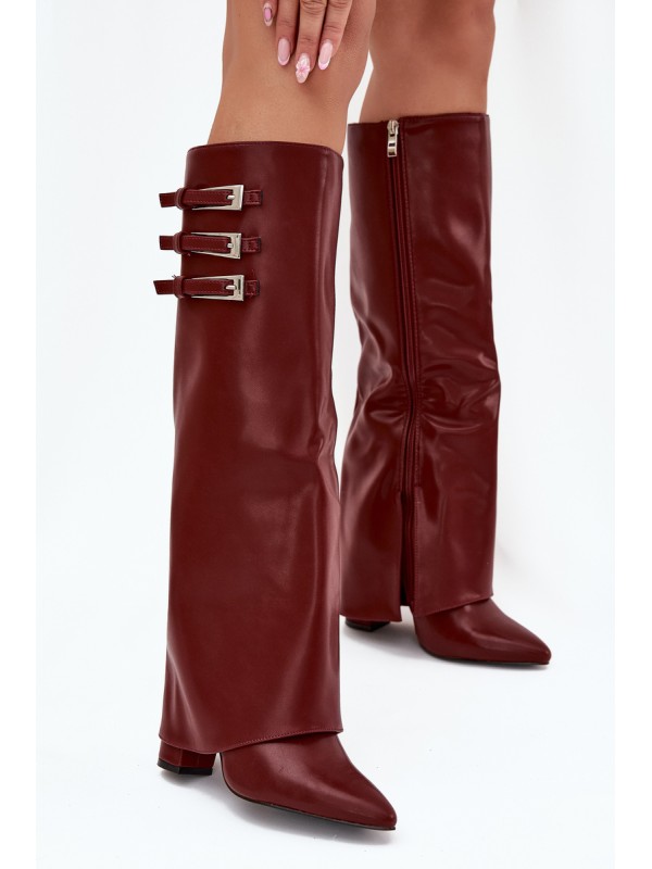 Women's Heeled Boots Turned Shaft Straps With Buckles Burgundy Nirisa