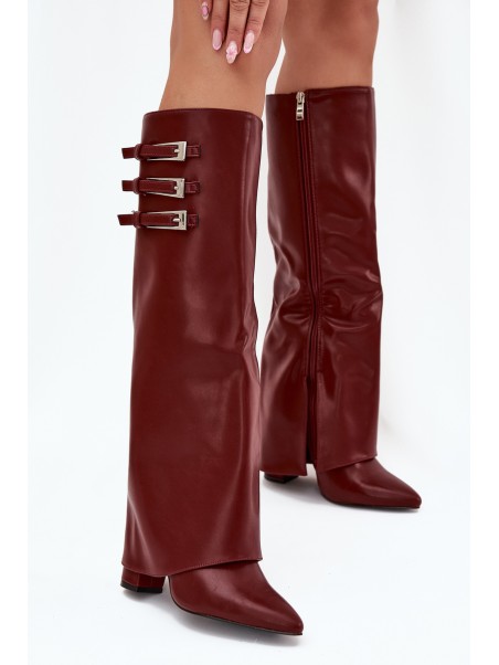Women's Heeled Boots Turned Shaft Straps With Buckles Burgundy Nirisa