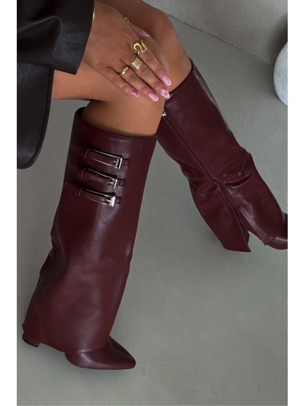 Women's Heeled Boots Turned Shaft Straps With Buckles Burgundy Nirisa 2