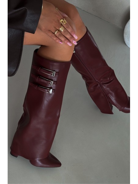 Women's Heeled Boots Turned Shaft Straps With Buckles Burgundy Nirisa