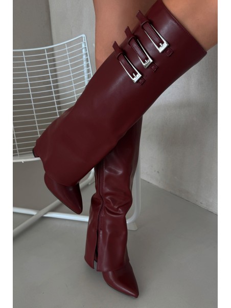 Women's Heeled Boots Turned Shaft Straps With Buckles Burgundy Nirisa