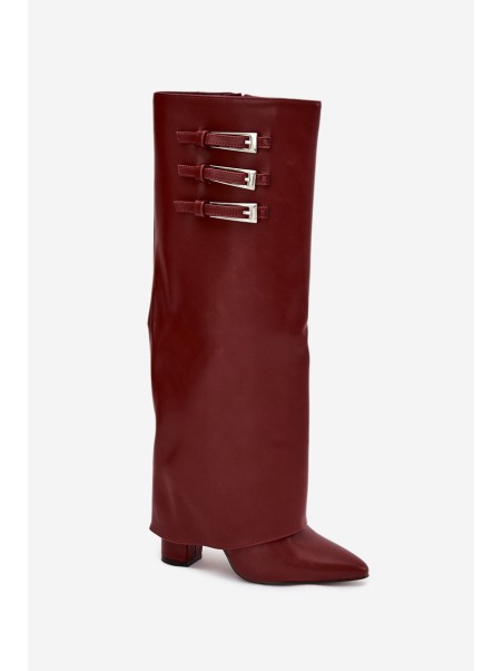 Women's Heeled Boots Turned Shaft Straps With Buckles Burgundy Nirisa