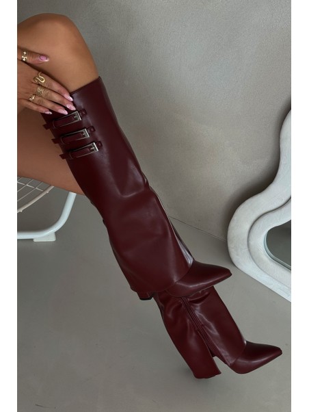 Women's Heeled Boots Turned Shaft Straps With Buckles Burgundy Nirisa