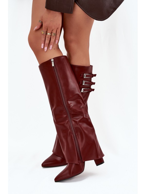 Women's Heeled Boots Turned Shaft Straps With Buckles Burgundy Nirisa
