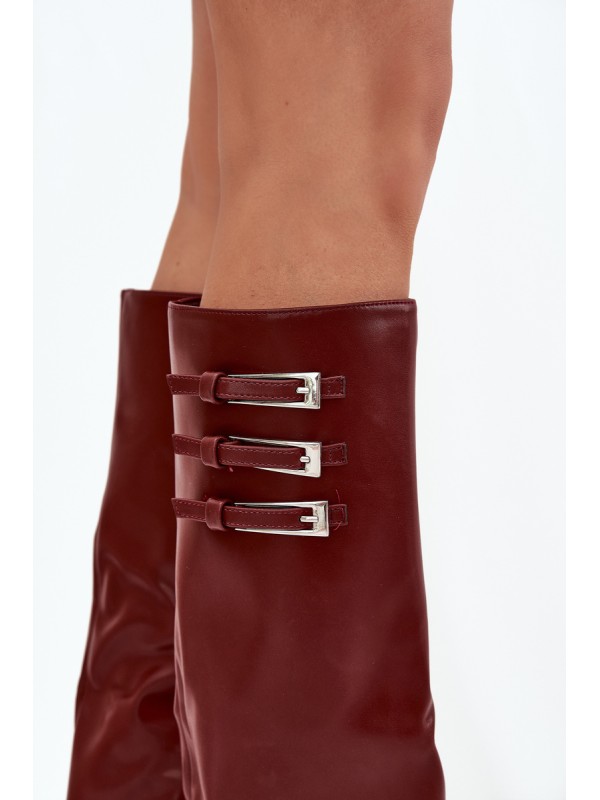 Women's Heeled Boots Turned Shaft Straps With Buckles Burgundy Nirisa