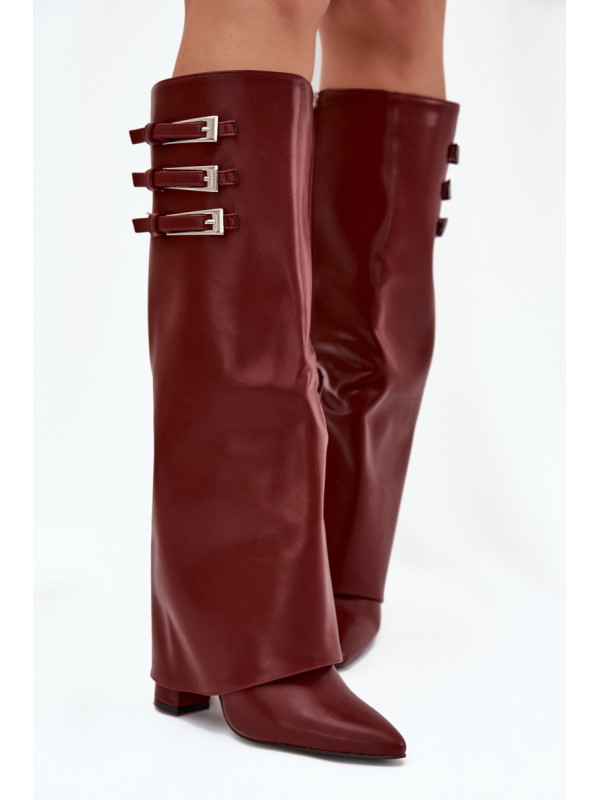 Women's Heeled Boots Turned Shaft Straps With Buckles Burgundy Nirisa