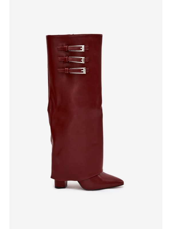 Women's Heeled Boots Turned Shaft Straps With Buckles Burgundy Nirisa