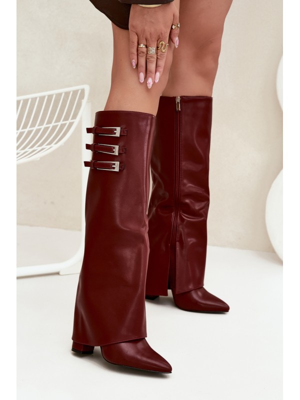 Women's Heeled Boots Turned Shaft Straps With Buckles Burgundy Nirisa