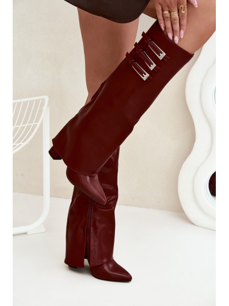 Women's Heeled Boots Turned Shaft Straps With Buckles Burgundy Nirisa