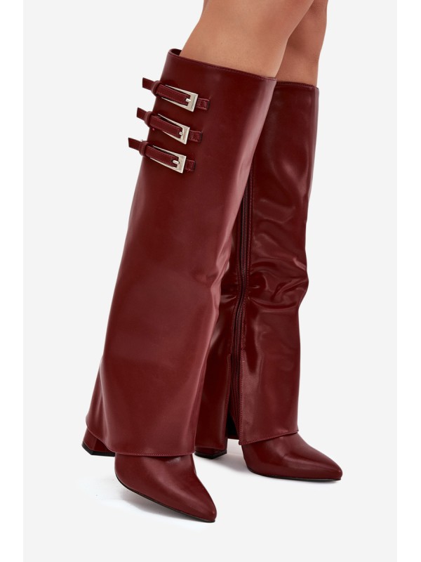 Women's Heeled Boots Turned Shaft Straps With Buckles Burgundy Nirisa