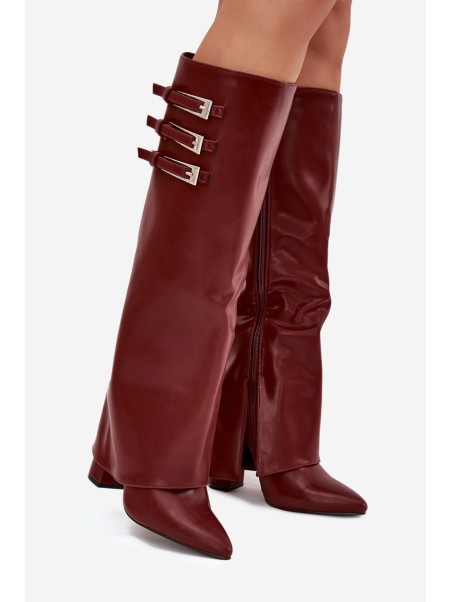 Women's Heeled Boots Turned Shaft Straps With Buckles Burgundy Nirisa