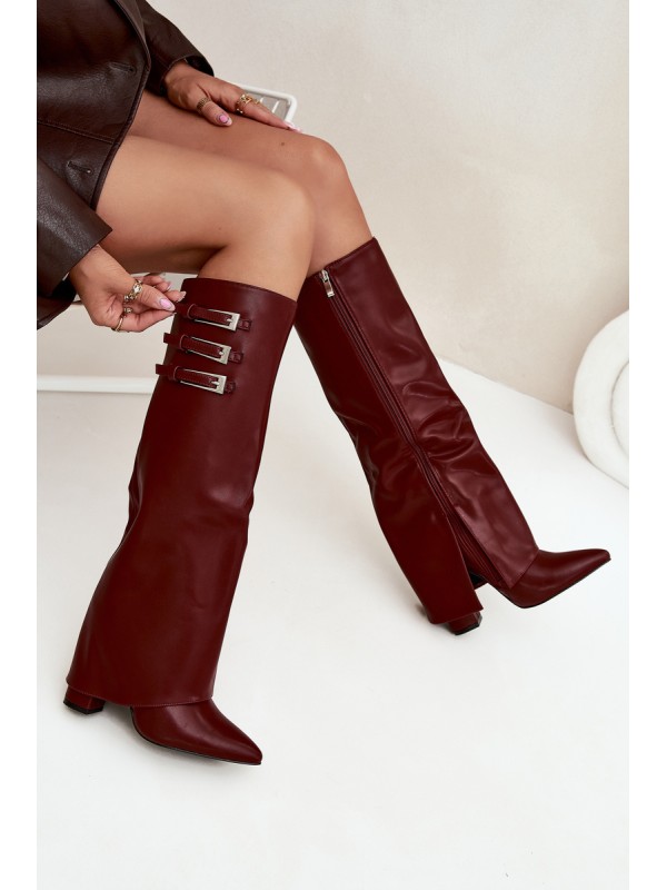 Women's Heeled Boots Turned Shaft Straps With Buckles Burgundy Nirisa