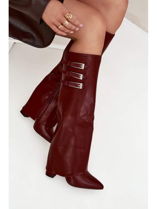 Women's Heeled Boots Turned Shaft Straps With Buckles Burgundy Nirisa